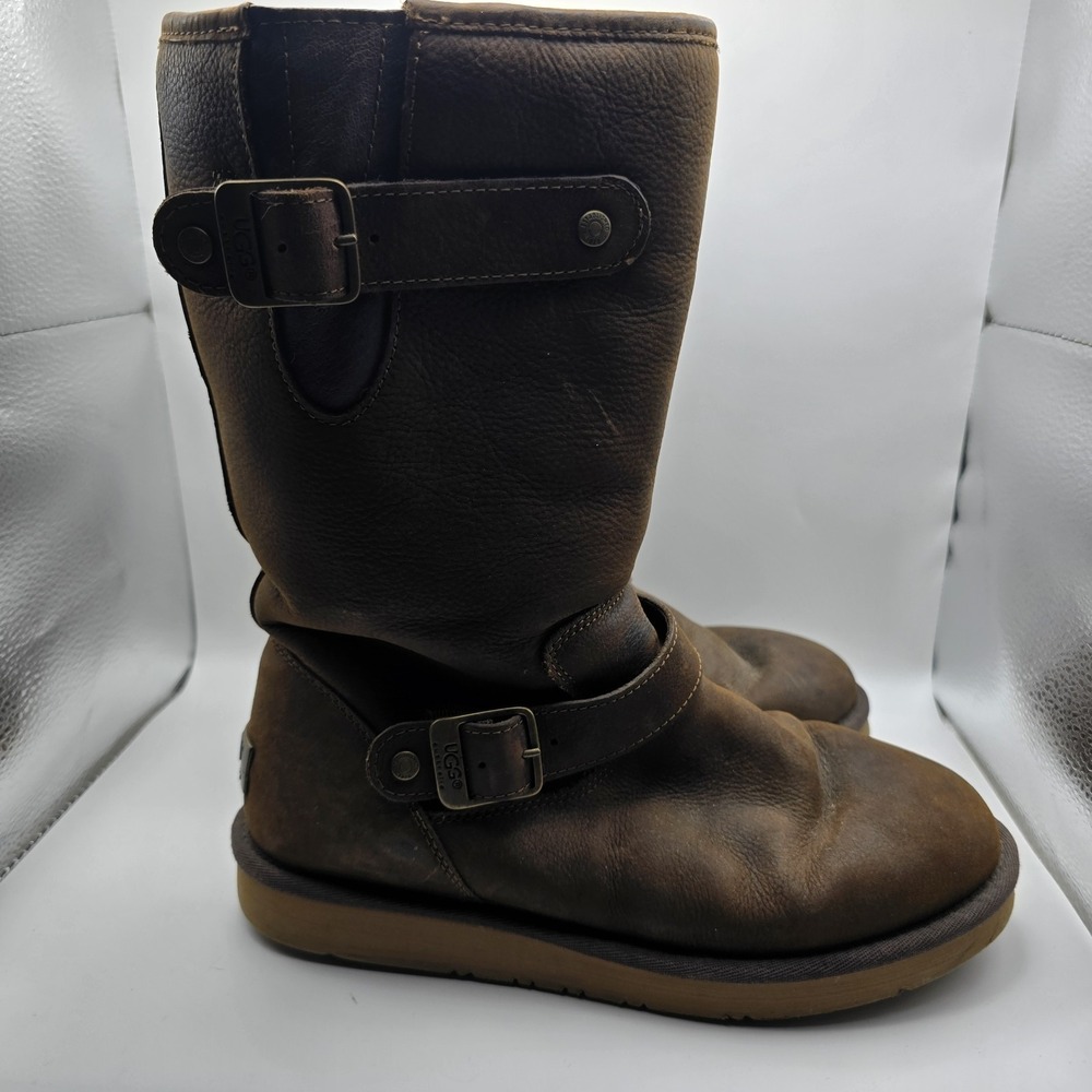 UGG Sutter Boots Women's 8 Brown Leather Shearling Lined Buckle Moto Biker Warm - Picture 8 of 9